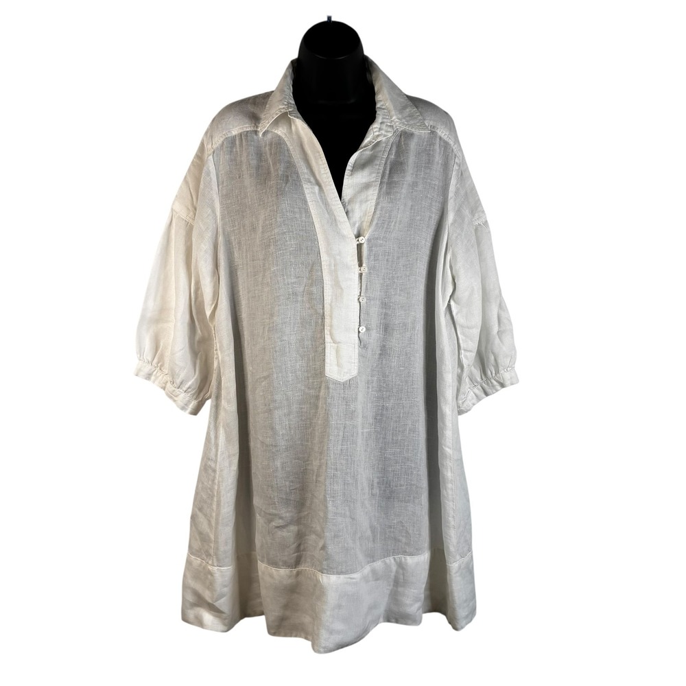Chico's 100% Linen Tunic Top‎ Button Front 3/4  Sleeve White Size 2 (Size 12)
